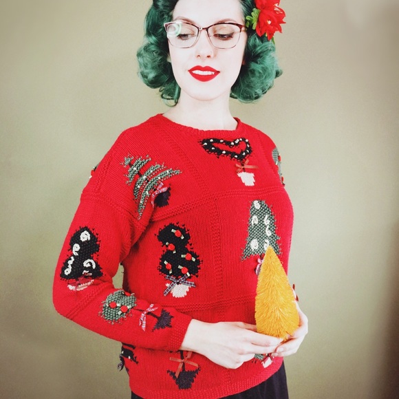 Sweaters - Red Hand Knit Vintage “Ugly Christmas” Sweater Sweaters - Red Hand Knit Vintage “Ugly Christmas” Sweater